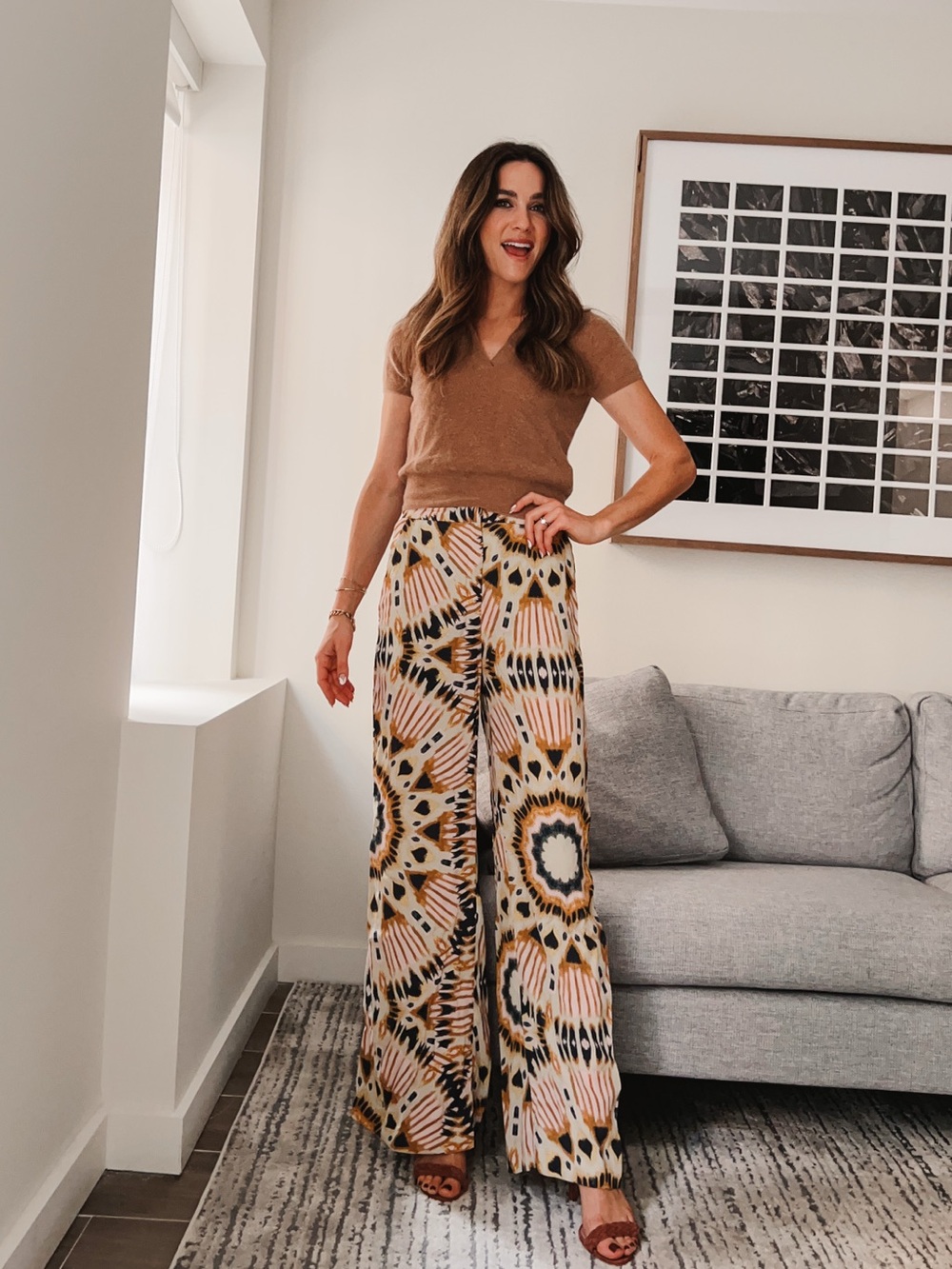 ba&sh Wide-Leg Printed Palazzo Pants in Brown, Cream & Black